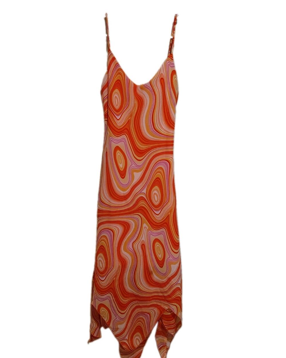 Vtg Y2K JBX Exclusive Orange Pink Swirl Handkerchief Hem Cami Dress S